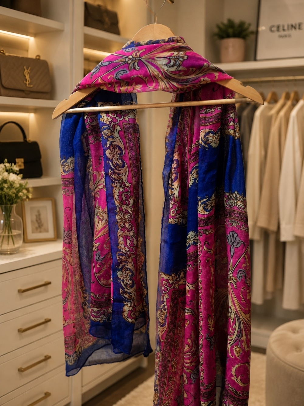 Vibrant Pink & Blue Paisley Silk-Blend Scarf